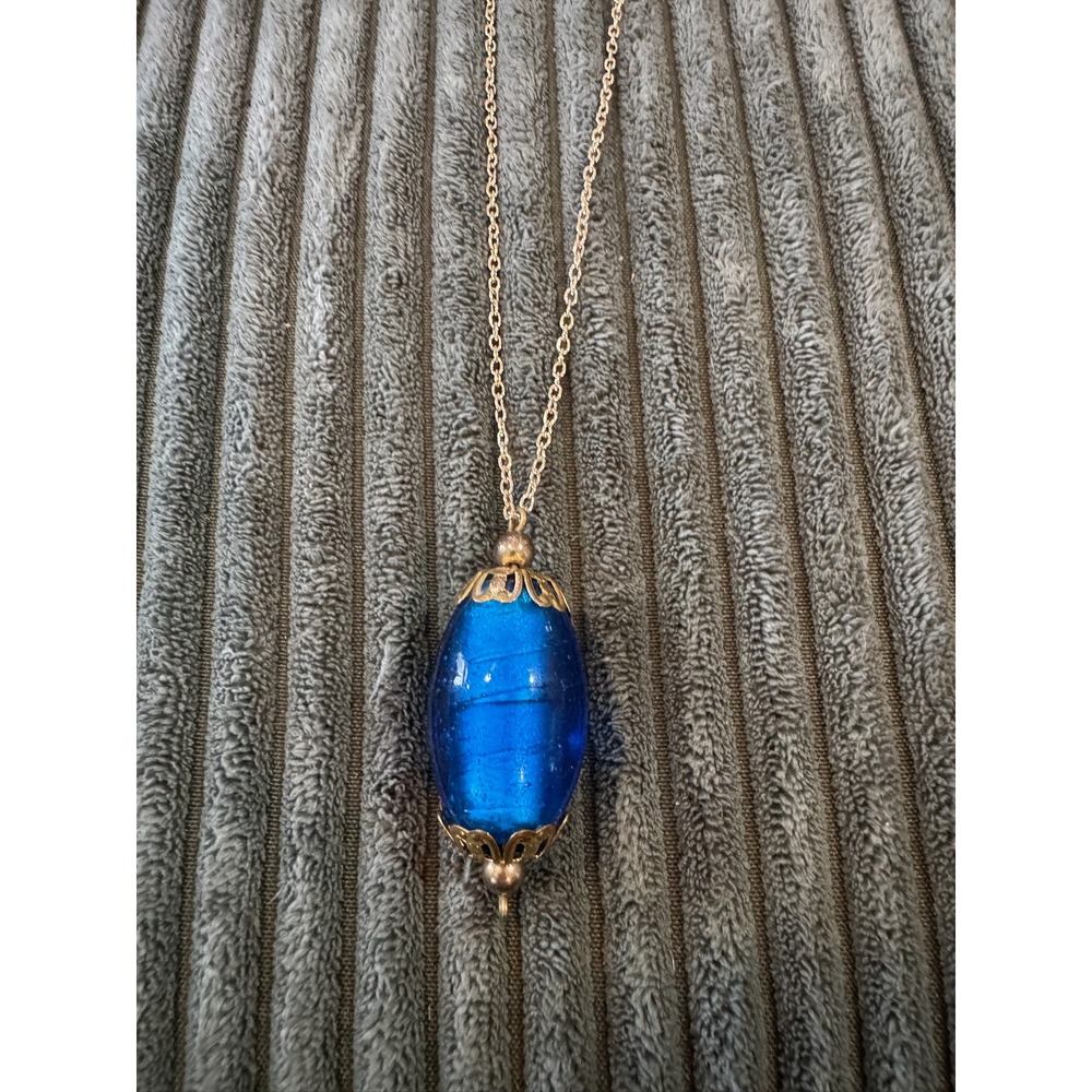 Vintage Costume Blue Glass Oval Pendant Necklace Gold Tone Chain